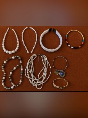 8 PC jewelry bundle, pearls, bracelets, hair jewelry